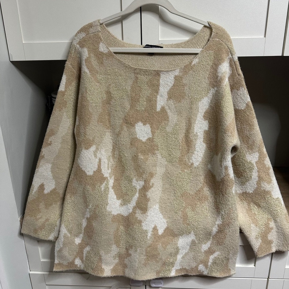 Boston Proper Sweater Womens Large Tan Camo Metallic Gold Knit Oversized Slouchy